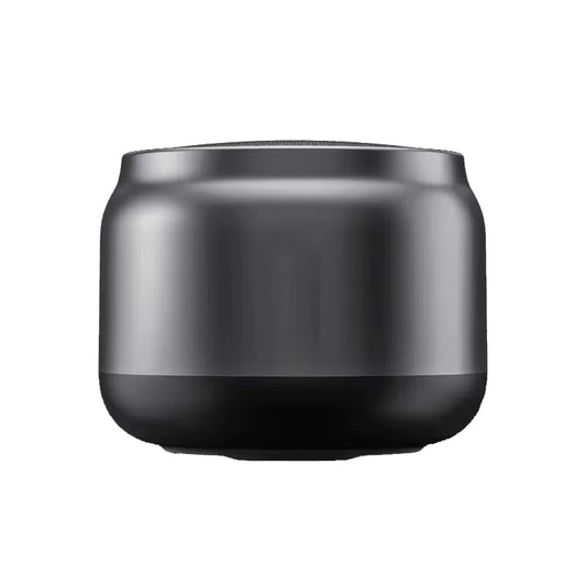 Compact black wireless Bluetooth speaker with rounded design on white background